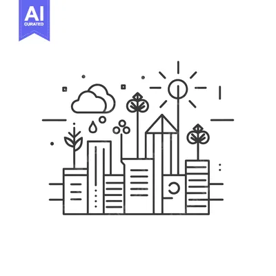 Premium design asset: Line art illustration of a city with buildings, trees, sun, and rain