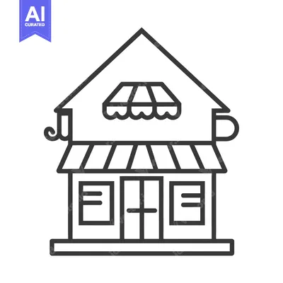 Aset premium populer: Line Art Illustration of a Coffee Shop Building with a Cup Handle