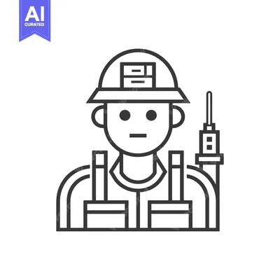 Aset desain premium: Line Art Illustration of a Construction Worker with a Hard Hat and Too
