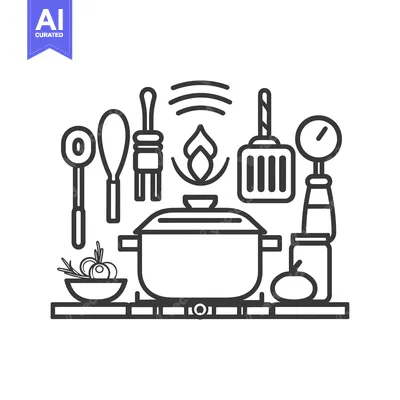 Aset premium populer: Line art illustration of a cooking pot and utensils