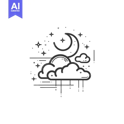 Aset desain premium: Line art illustration of a crescent moon, clouds, and stars