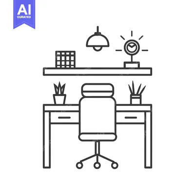 Aset desain premium: Line Art Illustration of a Desk with a Chair, Plants, and Lights