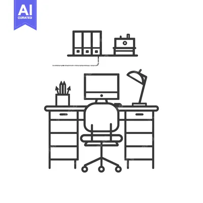 Aset premium populer: Line Art Illustration of a Desk with a Computer, Chair, and Desk Lamp