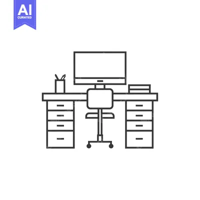 Popular premium asset: Line Art Illustration of a Desk with a Computer, Chair, and Drawers