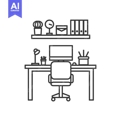 Line Art Illustration of a Desk with a Computer, Chair, and Shelf