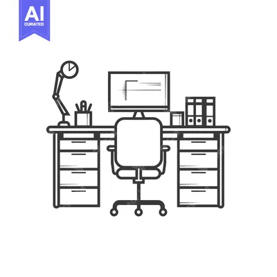 Aset premium populer: Line art illustration of a desk with a computer, chair, lamp, and draw