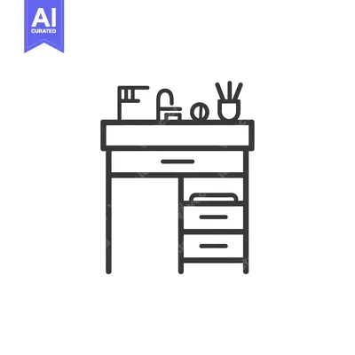 Aset desain premium: Line Art Illustration of a Desk with a Drawer and a Side Cabinet