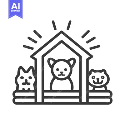 Premium design asset: Line Art Illustration of a Dog in a House with Two Cats Outside