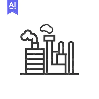 Aset desain premium: Line art illustration of a factory with smoke stacks and clouds