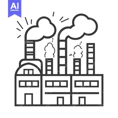 Premium design asset: Line art illustration of a factory with smoke stacks emitting smoke