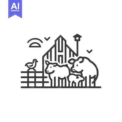 Aset desain premium: Line art illustration of a farm with a barn, animals, and a bird