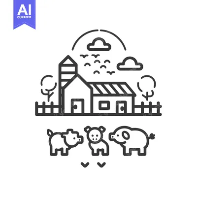 Aset desain premium: Line art illustration of a farm with pigs