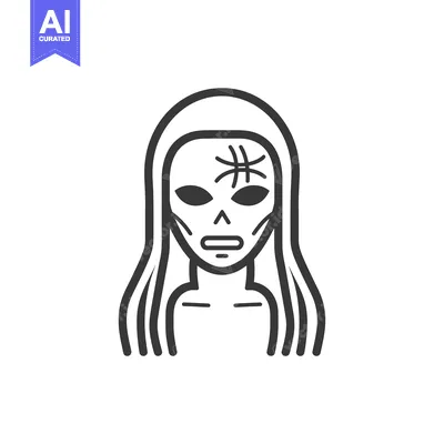 Aset desain premium: Line art illustration of a female alien with long hair