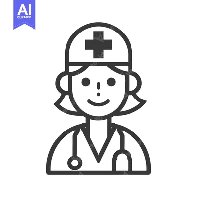 Line art illustration of a female doctor with a stethoscope and a cros