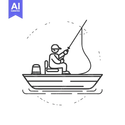 Aset desain premium: Line Art Illustration of a Fisherman in a Boat