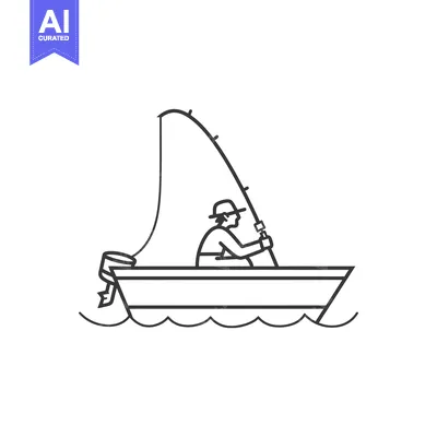 Aset desain premium: Line Art Illustration of a Fisherman in a Boat