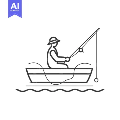 Aset desain premium: Line Art Illustration of a Fisherman in a Boat Fishing