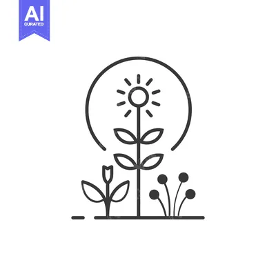 Aset desain premium: Line Art Illustration of a Flower with a Sun Above it and Other Plants