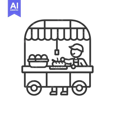 Aset premium populer: Line Art Illustration of a Food Cart with a Vendor and Food