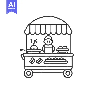 Aset premium populer: Line Art Illustration of a Food Cart with a Vendor and Various Foods