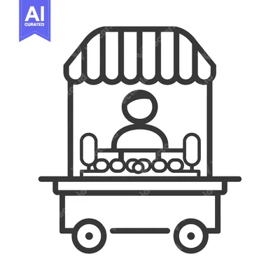 Aset desain premium: Line art illustration of a food vendor cart with a person inside