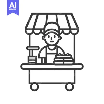 Aset desain premium: Line Art Illustration of a Food Vendor Cart with a Person Selling Food