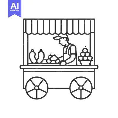 Popular premium asset: Line Art Illustration of a Food Vendor Cart with a Seller and Produce