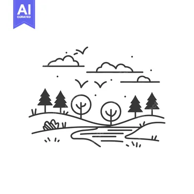 Aset premium populer: Line Art Illustration of a Forest with a River and Birds Flying Overhe