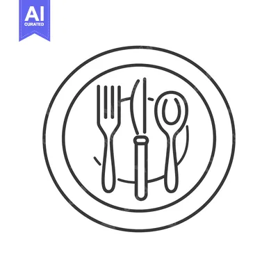 Aset desain premium: Line art illustration of a fork, knife and spoon on a plate