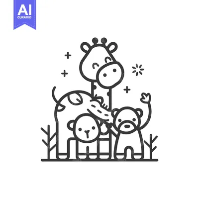 Aset desain premium: Line Art Illustration of a Giraffe, Elephant, and Monkey