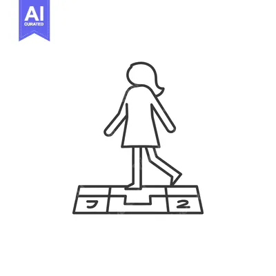 Aset desain premium: Line art illustration of a girl playing hopscotch