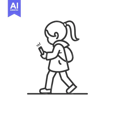 Aset premium populer: Line art illustration of a girl walking and using a phone