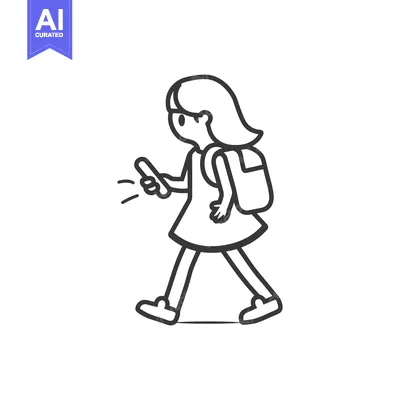 Popular premium asset: Line art illustration of a girl walking while looking at her phone