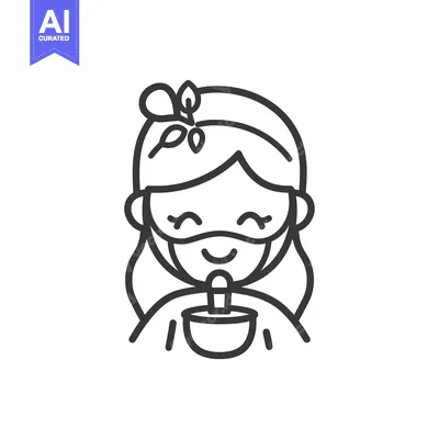 Premium design asset: Line Art Illustration of a Girl Wearing a Mask and Holding a Cup