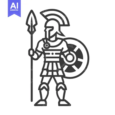 Aset desain premium: Line Art Illustration of a Greek Warrior Holding a Spear and Shield