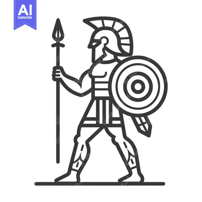 Premium design asset: Line Art Illustration of a Greek Warrior with a Spear and Shield