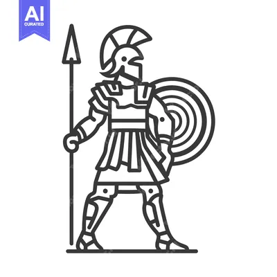 Aset desain premium: Line Art Illustration of a Greek Warrior with Spear and Shield