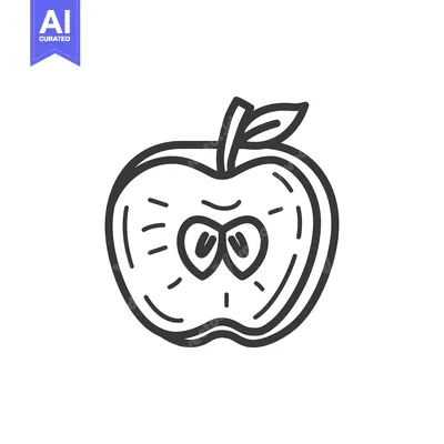 Aset desain premium: Line art illustration of a half-eaten apple with seeds