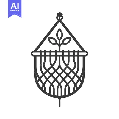 Aset desain premium: Line Art Illustration of a Hanging Macrame with a Plant