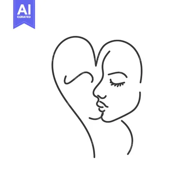 Premium design asset: Line art illustration of a heart-shaped face with closed eyes and lips