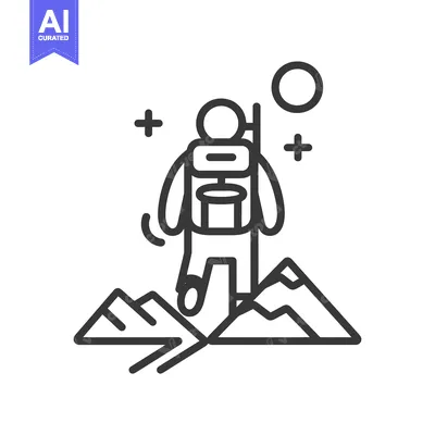 Aset desain premium: Line art illustration of a hiker with a backpack standing on a mountai
