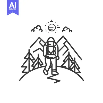 Line art illustration of a hiker with a backpack walking in the mounta