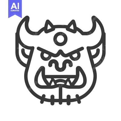 Popular premium asset: Line art illustration of a horned, fanged monster face