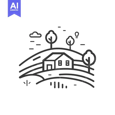 Aset premium populer: Line Art Illustration of a House on a Hill with Trees and Clouds