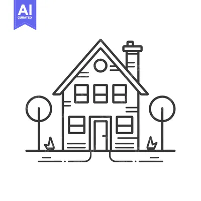 Premium design asset: Line art illustration of a house with a chimney and trees