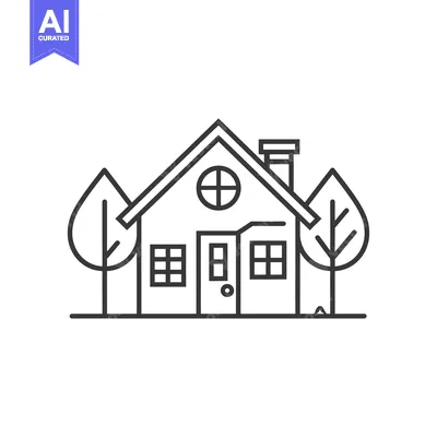 Aset premium populer: Line art illustration of a house with a chimney and two trees