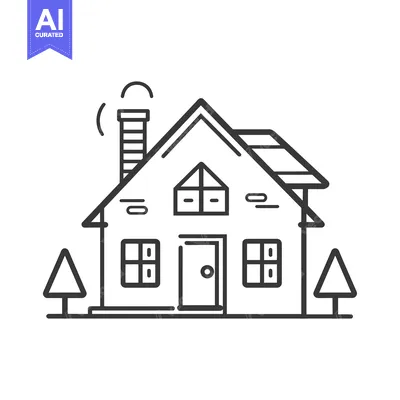Premium design asset: Line art illustration of a house with a chimney, door, windows and tre