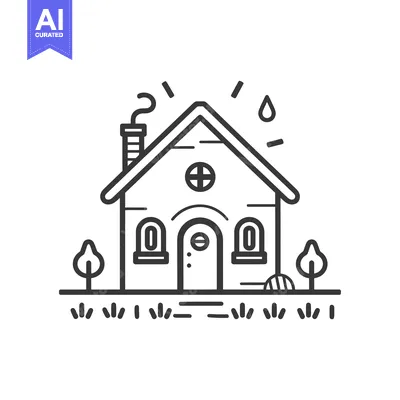 Premium design asset: Line art illustration of a house with smoke, a raindrop, trees, and gr