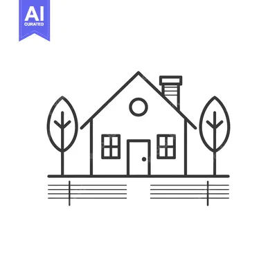 Premium design asset: Line Art Illustration of a House with Trees and Fence