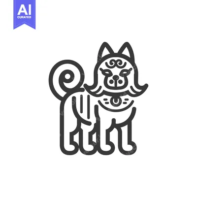 Aset desain premium: Line Art Illustration of a Japanese Guardian Dog with a Curled Tail